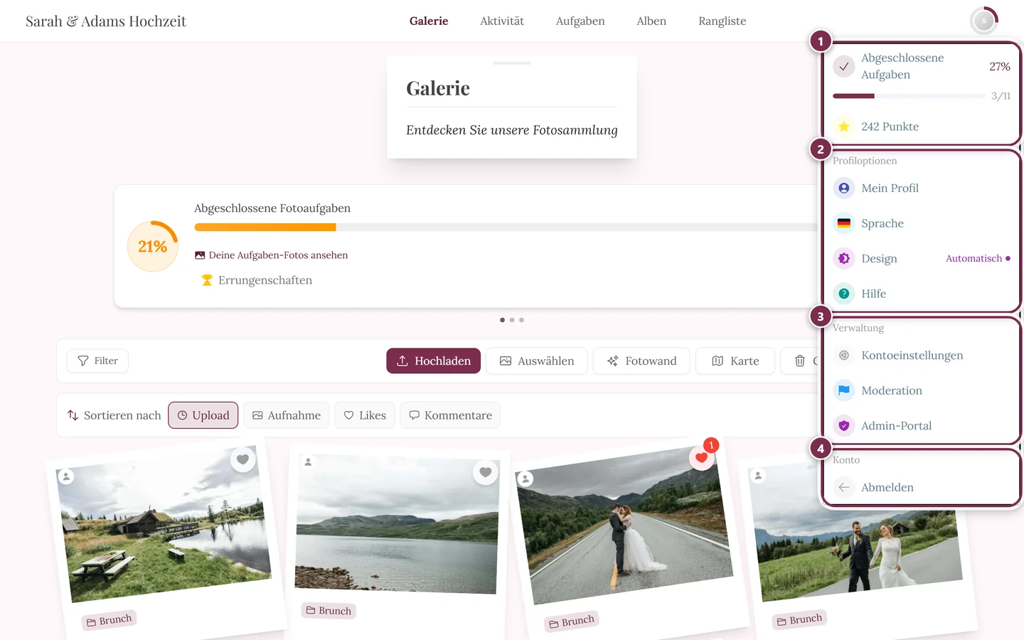 Profilmenü rechts oben mit dem Bereich Verwaltung und Admin-Portal
