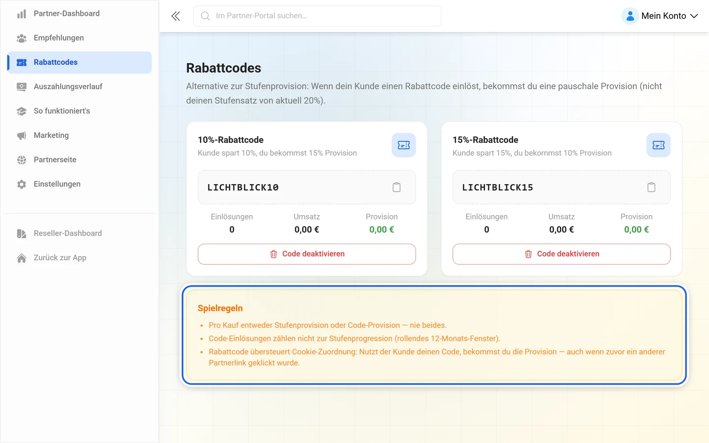 Markierter Hinweiskasten Spielregeln mit den drei Regeln zu Code- und Stufenprovision