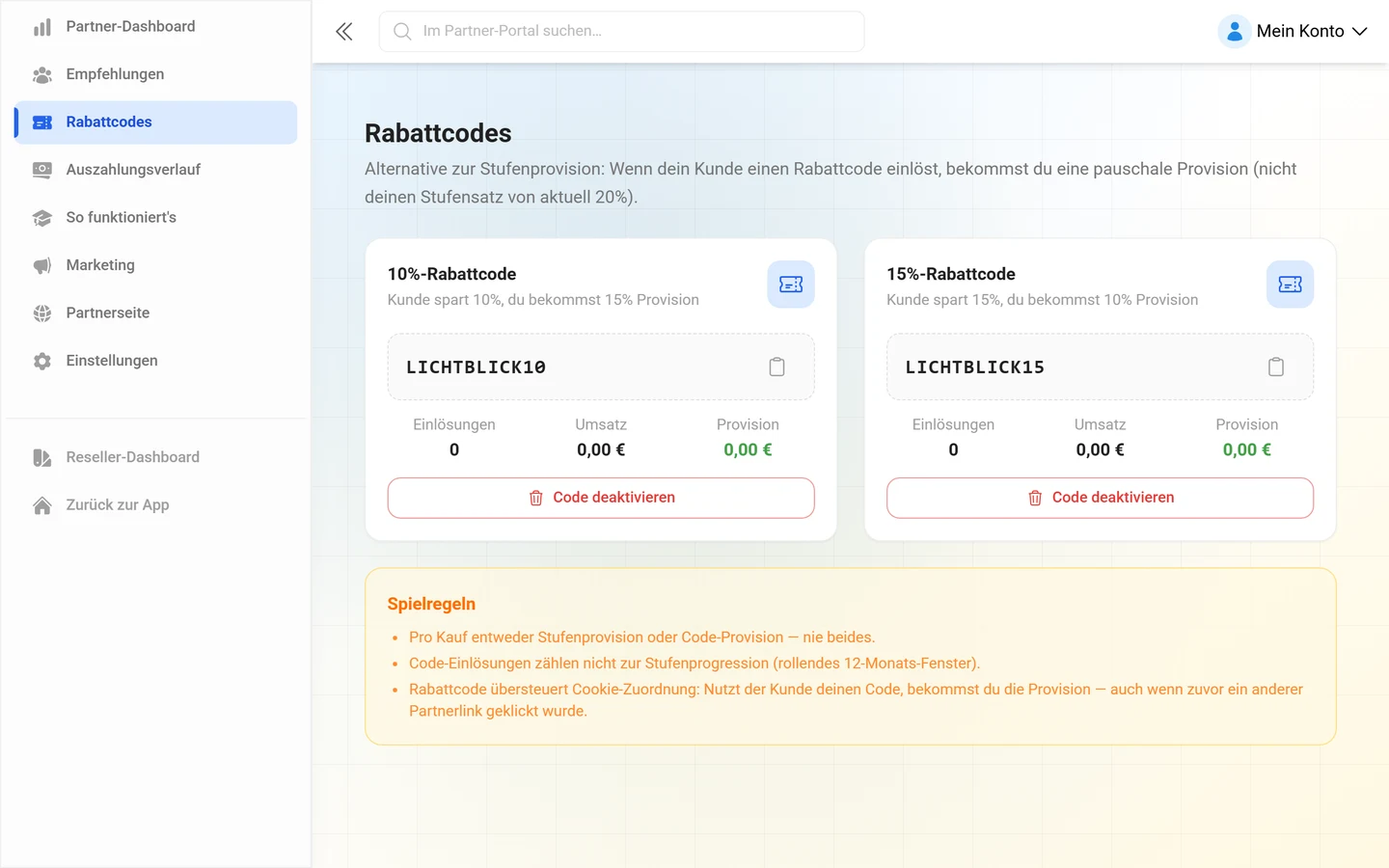 Übersicht der Rabattcodes eines Partners