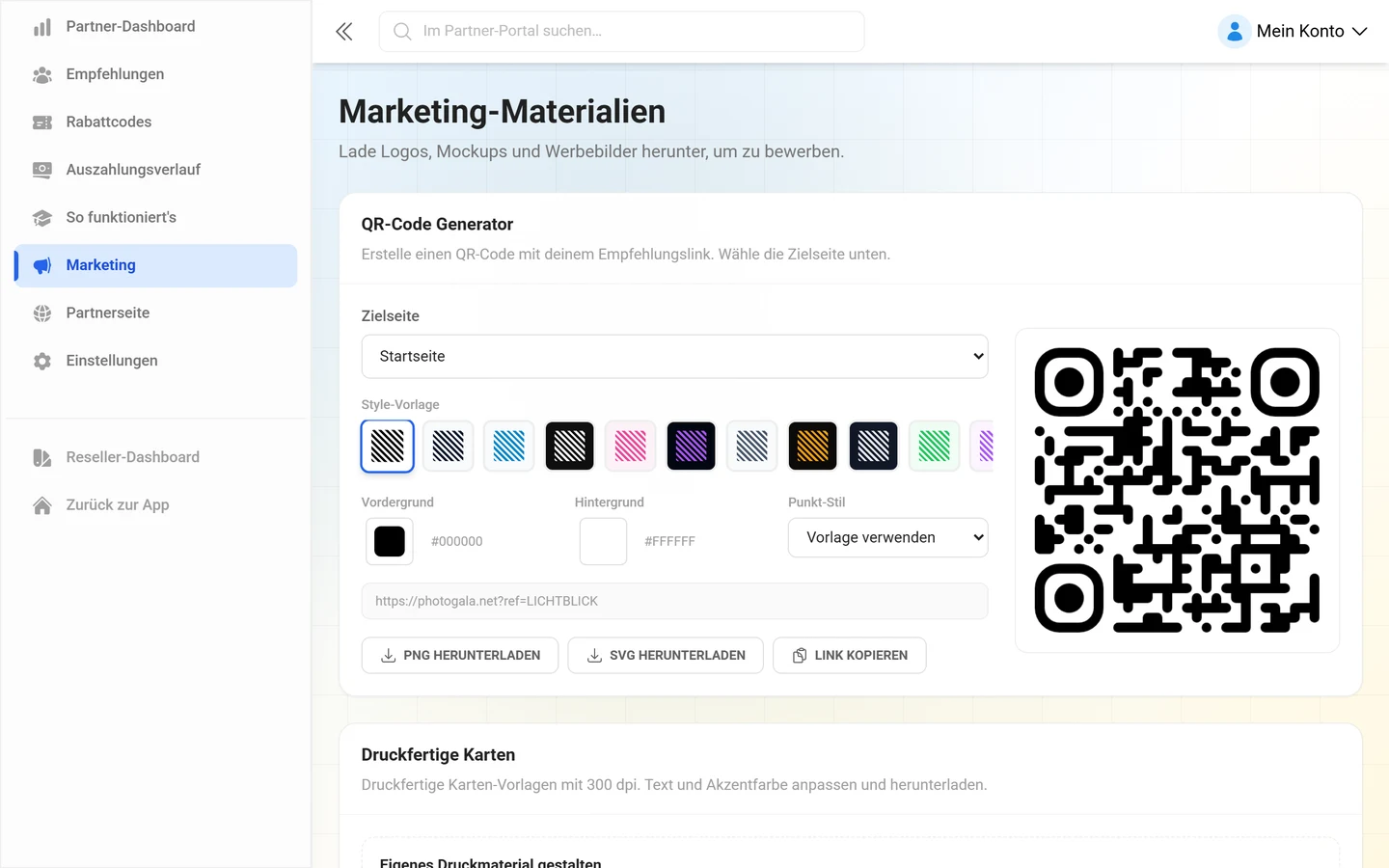 Seite Marketing-Materialien mit dem QR-Code-Generator und den druckfertigen Karten