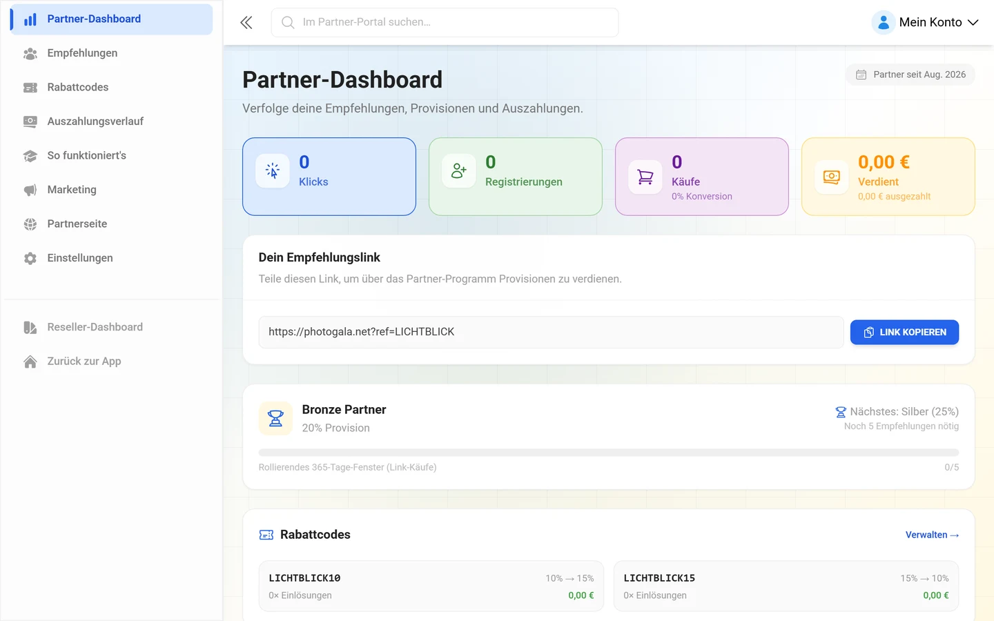 Affiliate-Dashboard mit Kennzahlen und Empfehlungslink
