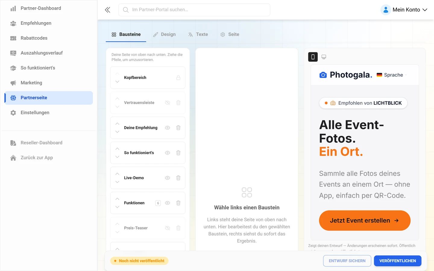 Editor der Partnerseite mit der Baustein-Liste, der mittleren Feldspalte und der Live-Vorschau