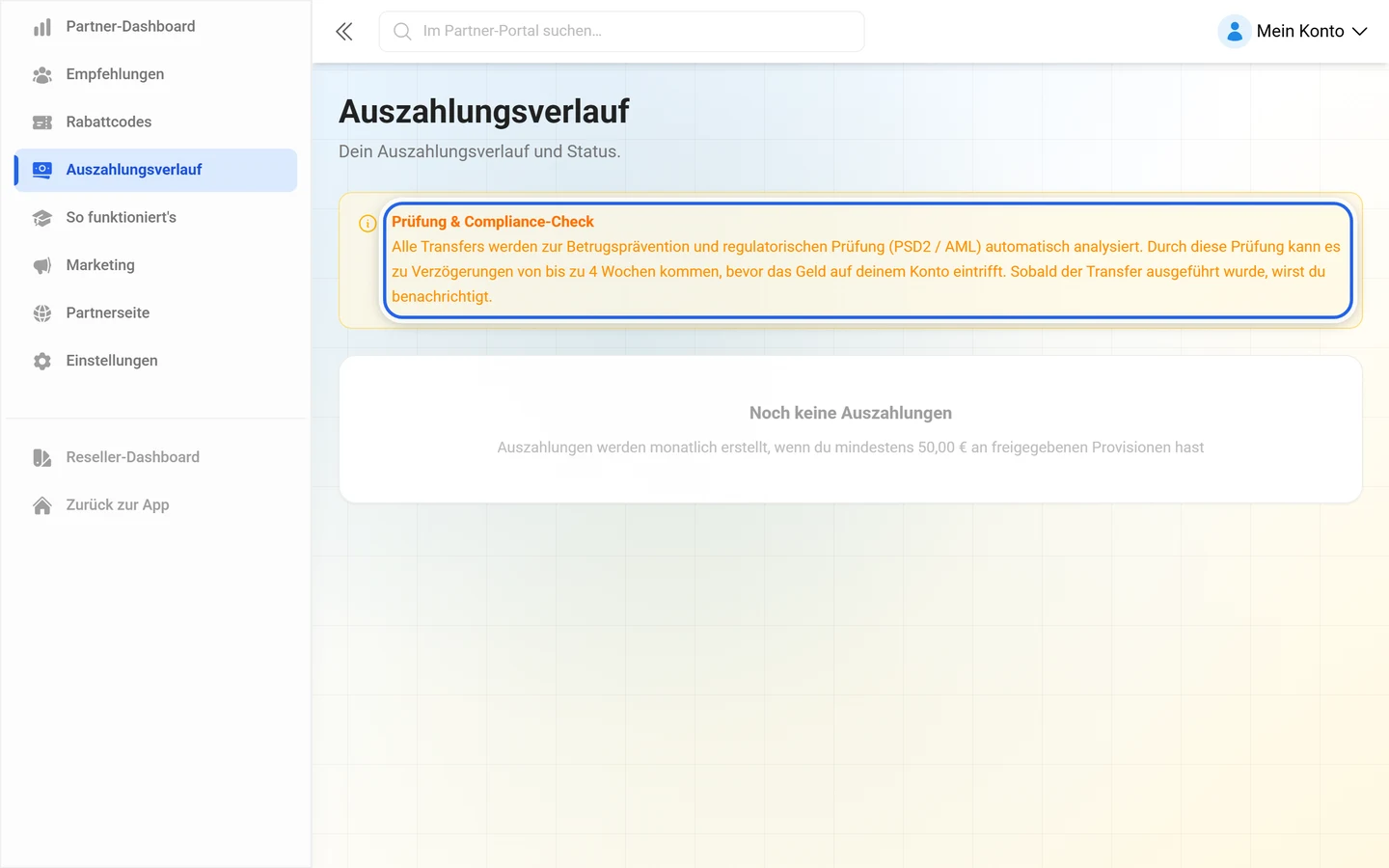Auszahlungsseite mit markiertem Hinweis Prüfung und Compliance-Check über dem Verlauf