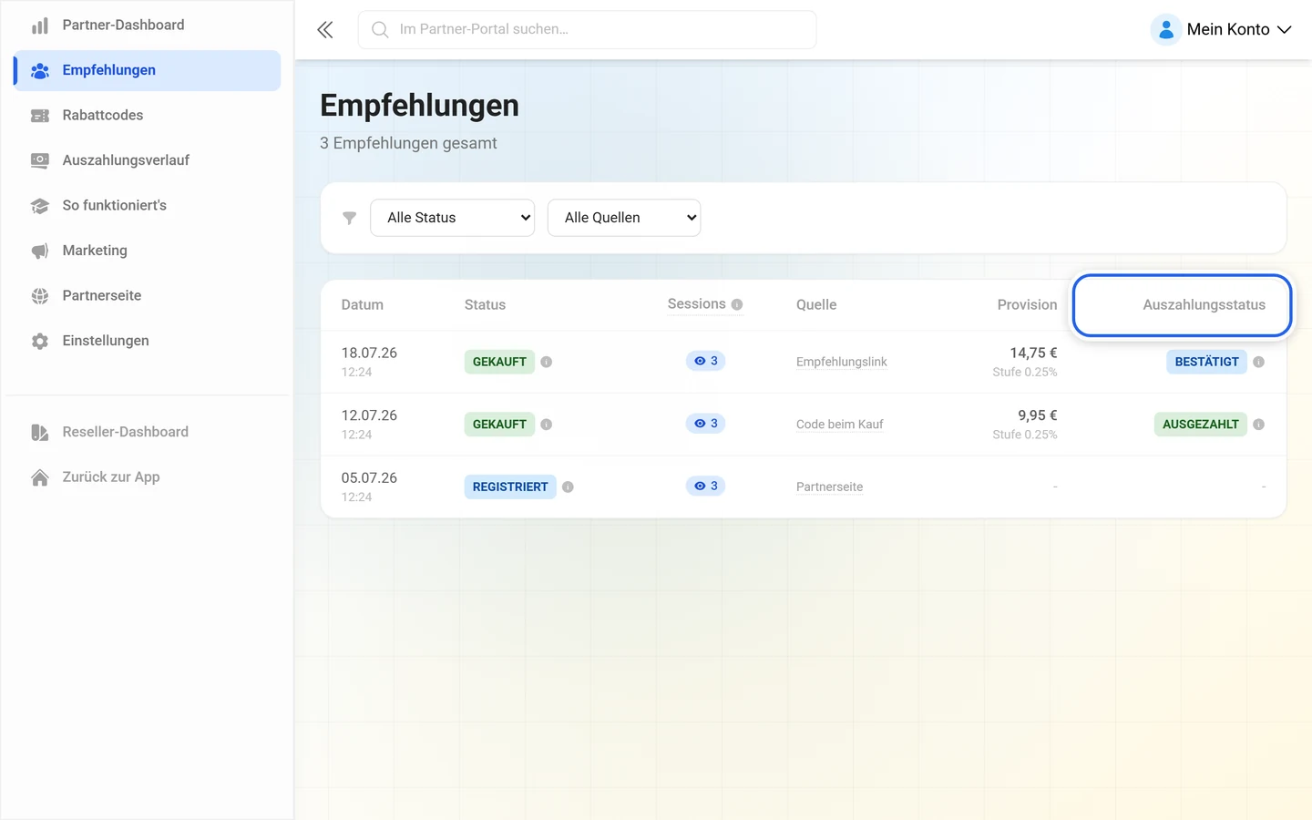 Empfehlungstabelle mit markierter Spalte Auszahlungsstatus