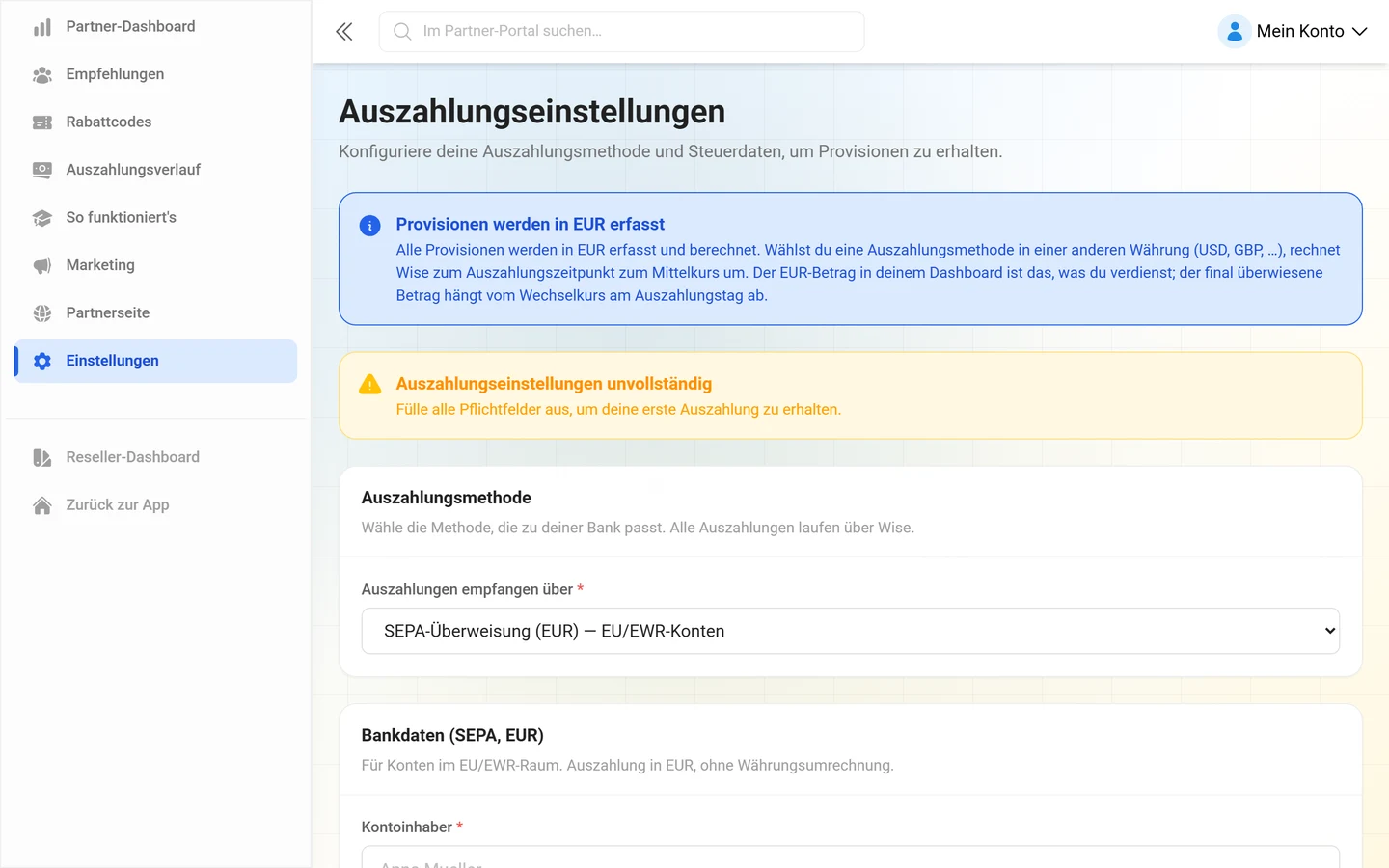 Auszahlungseinstellungen und Steuerdaten im Partner-Portal