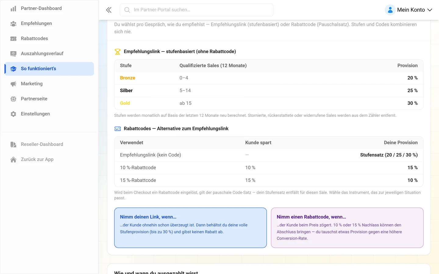 Stufen-Tabelle mit Bronze, Silber und Gold und darunter die Tabelle der Rabattcode-Sätze