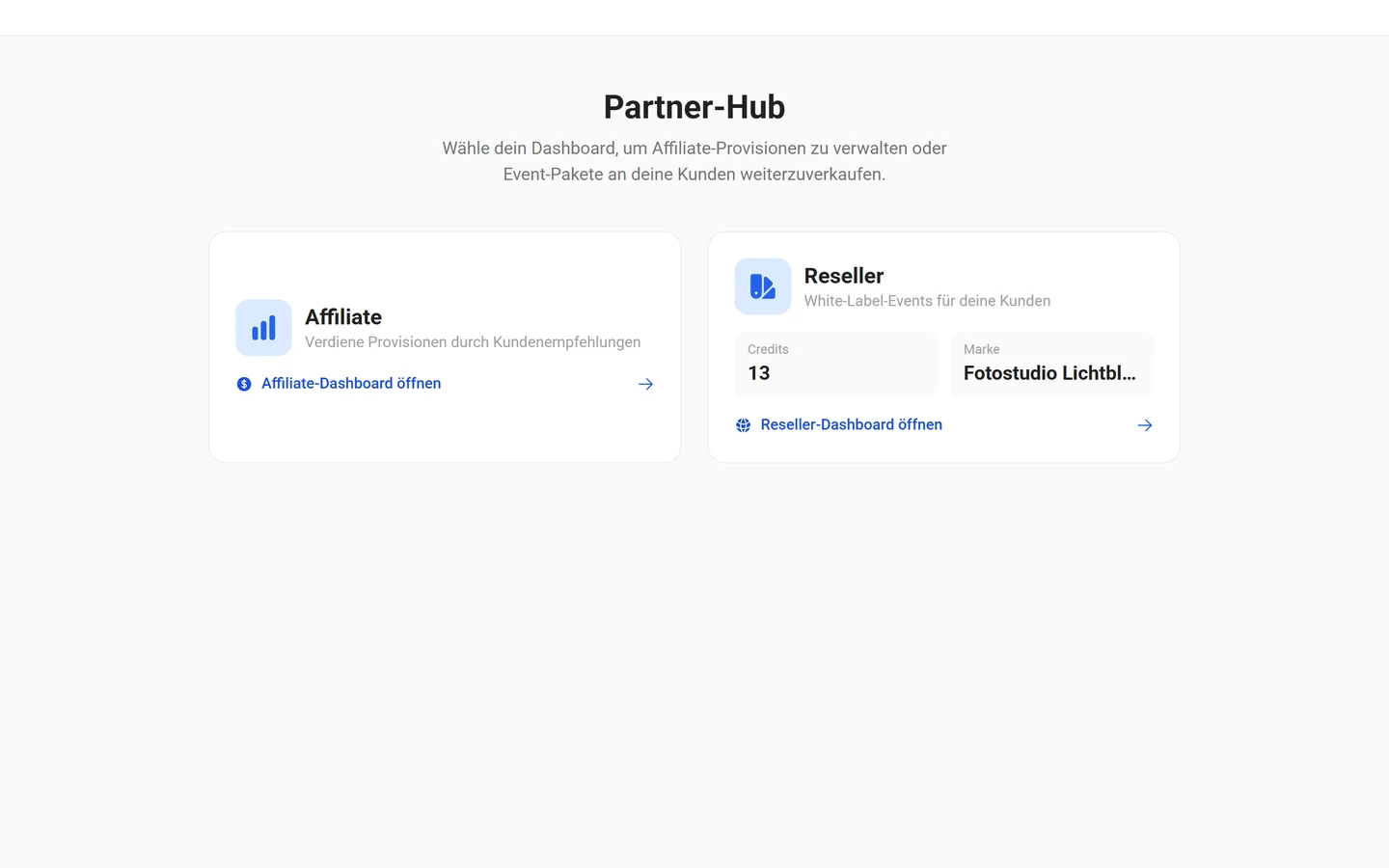 Partner-Portal mit der Auswahl zwischen Affiliate und Reseller