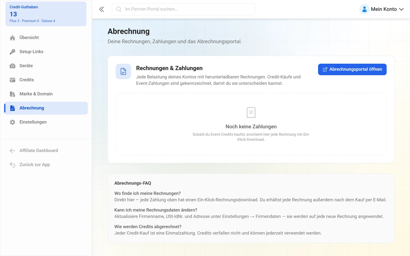 Seite Abrechnung mit der Liste Rechnungen & Zahlungen