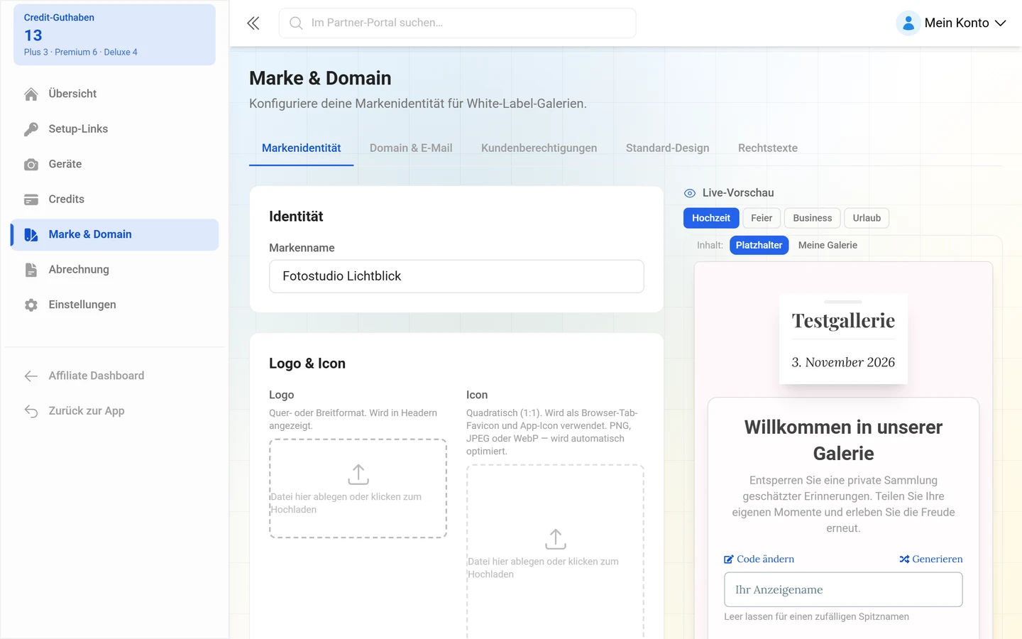 Markeneinstellungen des Reseller-Portals mit den fünf Reitern