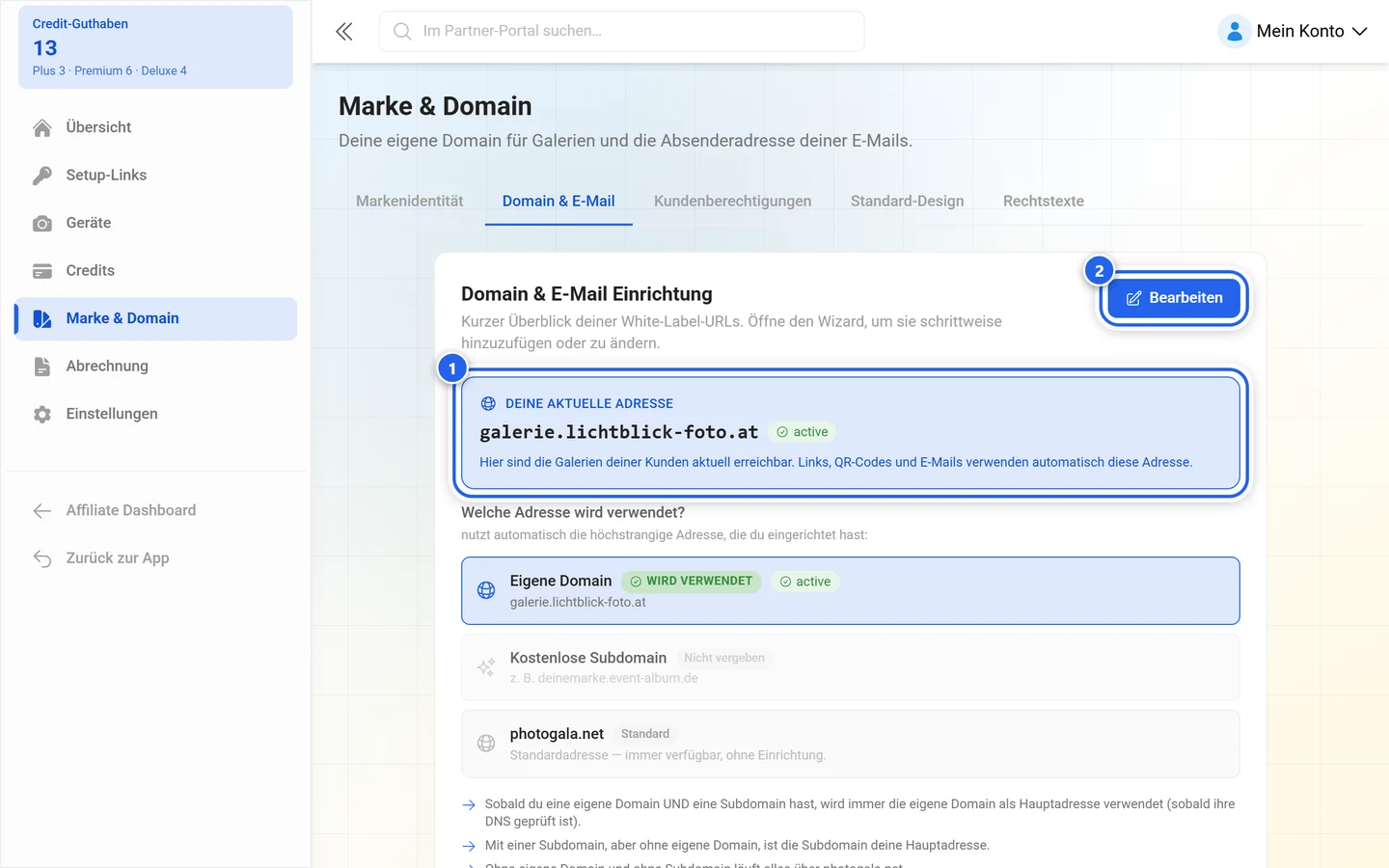 Kopf des Reiters Domain und E-Mail mit markierter Adresskachel und markiertem Einrichten-Knopf