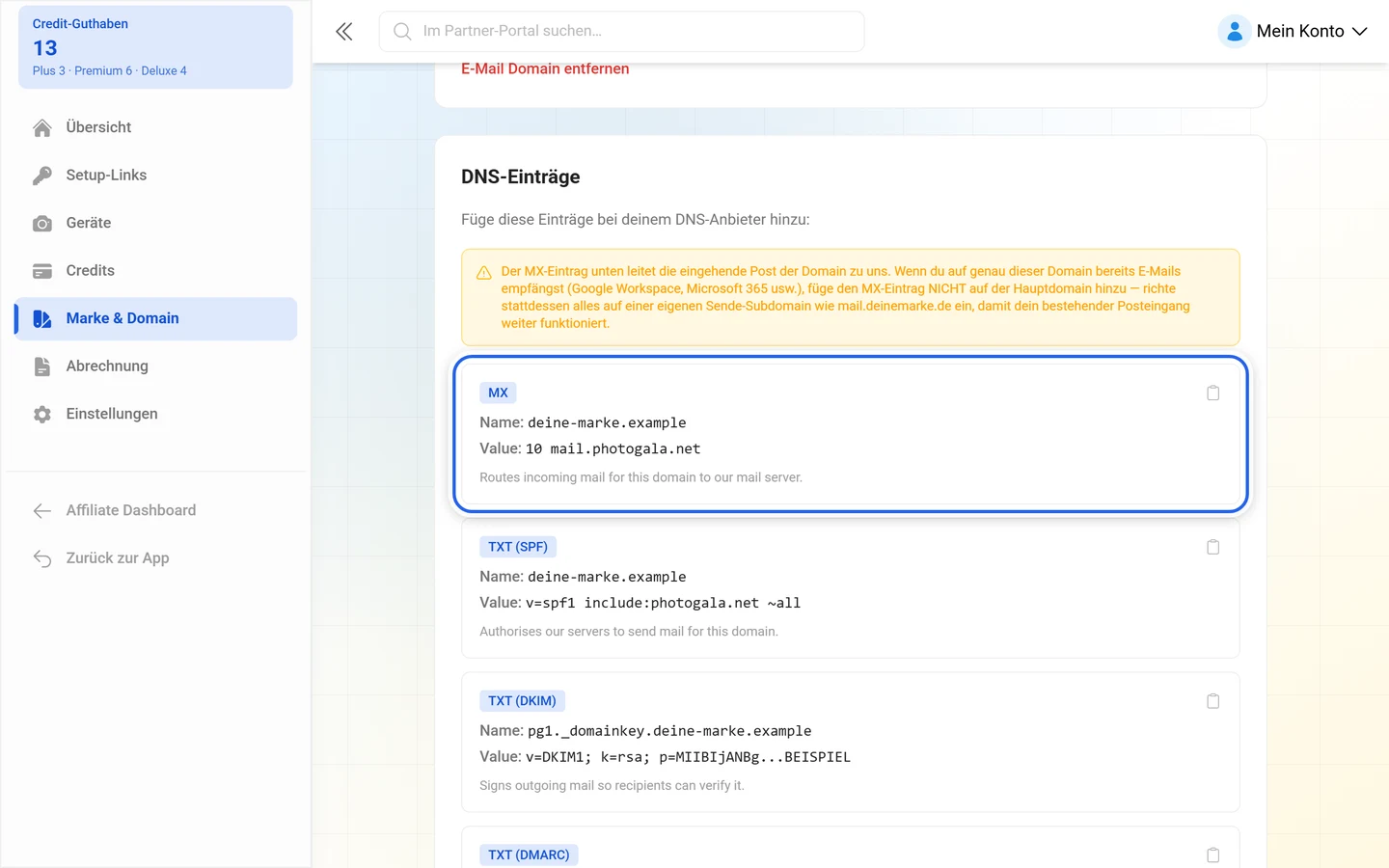 DNS-Einträge für den E-Mail-Versand mit markiertem MX-Eintrag