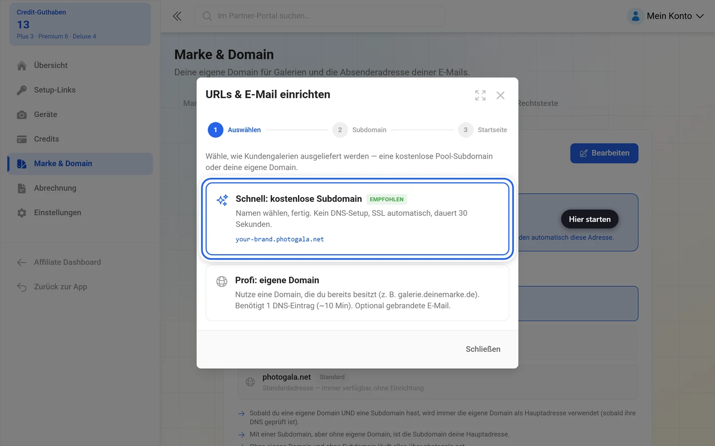 Erster Schritt des URL-Assistenten mit markierter Kachel Schnell kostenlose Subdomain