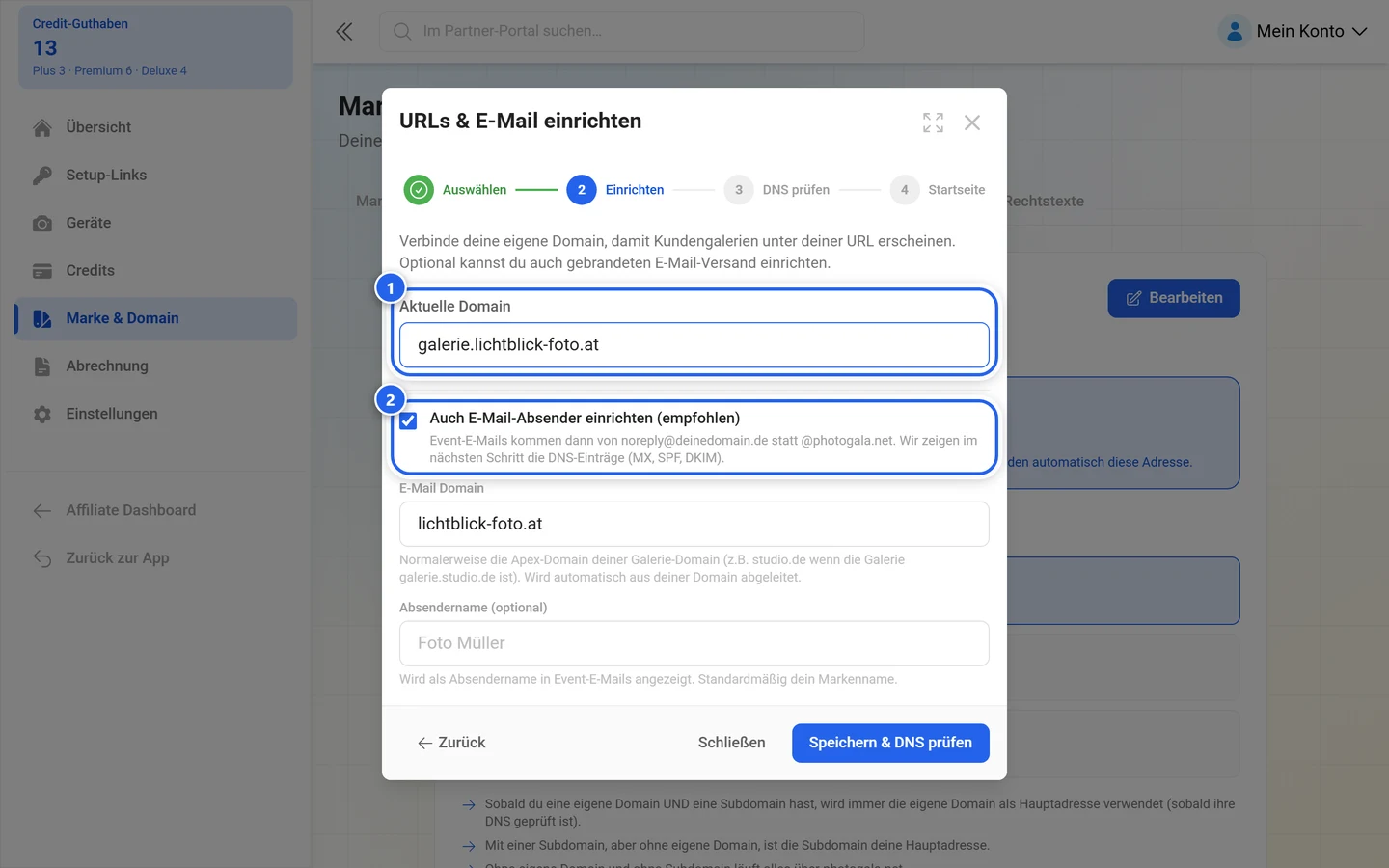 Assistent-Schritt eigene Domain mit markiertem Domainfeld und markiertem Häkchen für den E-Mail-Absender
