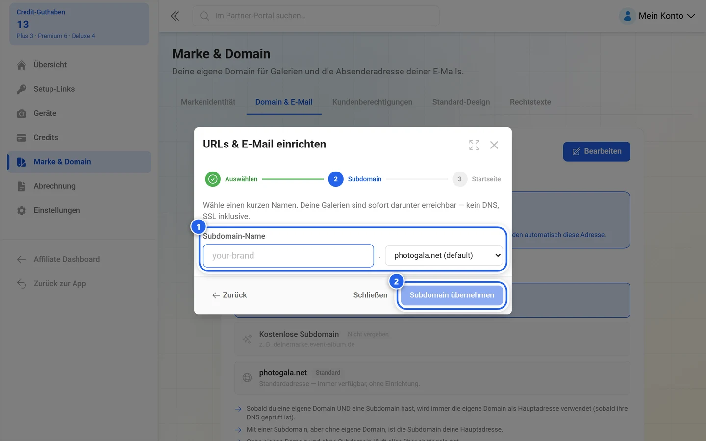 Assistent-Schritt Subdomain mit markiertem Namensfeld und markiertem Knopf Subdomain übernehmen