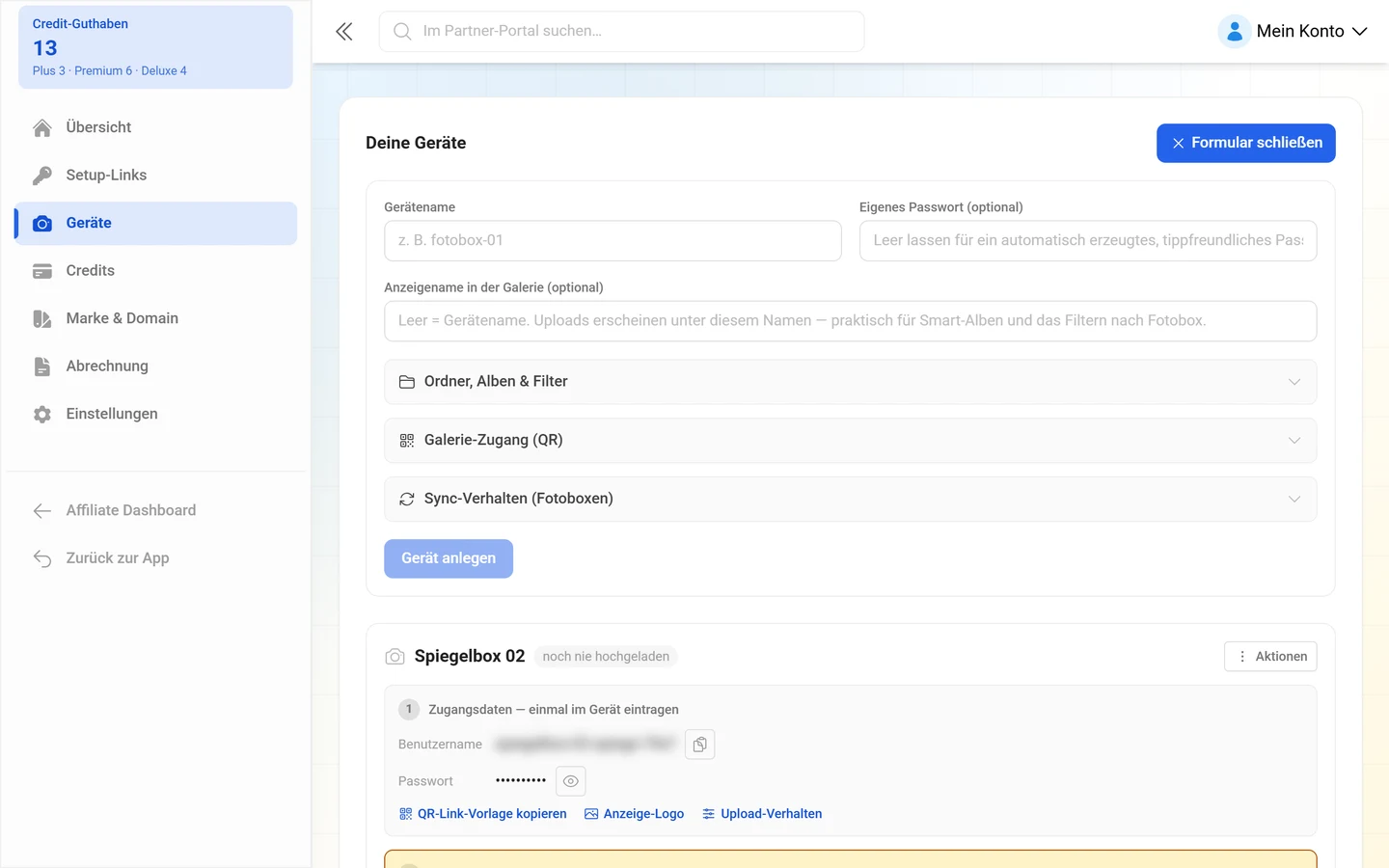Aufgeklapptes Formular mit Gerätename, eigenem Passwort, Anzeigename und den drei Gruppen des Upload-Verhaltens
