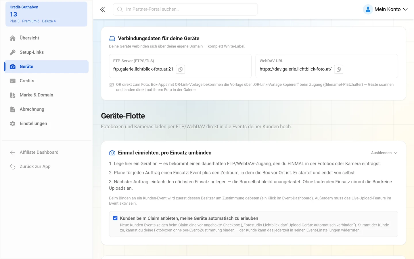 Karte mit FTP-Server und WebDAV-URL der eigenen Marke