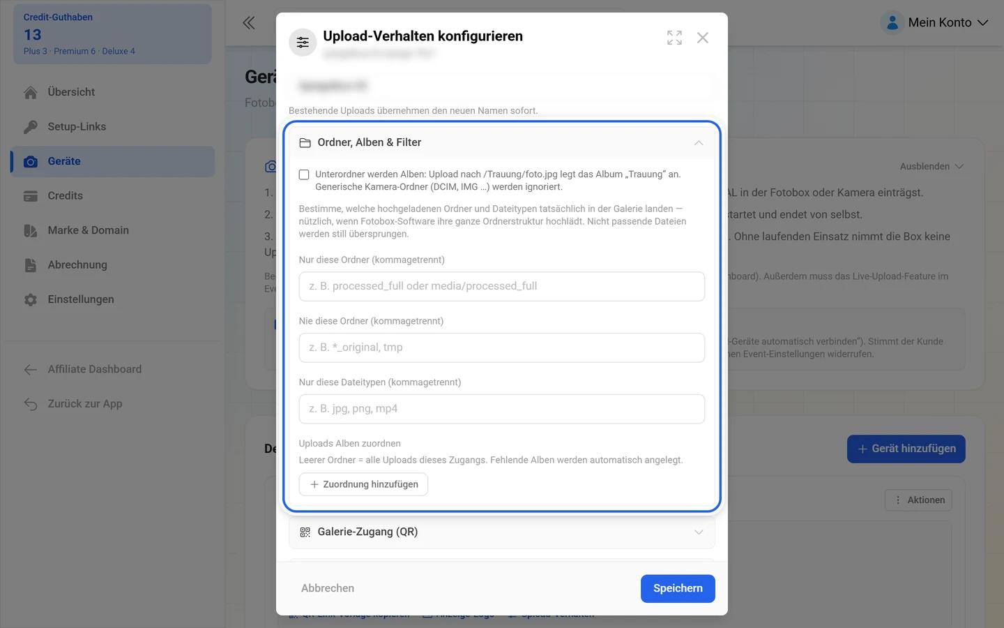 Dialog Upload-Verhalten konfigurieren mit markierter Gruppe Ordner, Alben und Filter