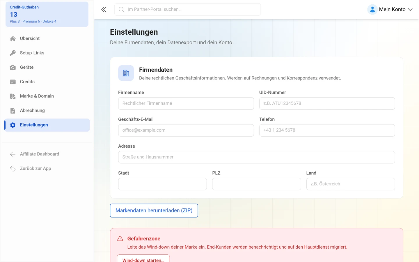 Seite Einstellungen mit dem Formular Firmendaten
