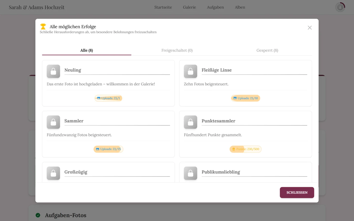 Dialog Alle möglichen Erfolge mit den Reitern Alle, Freigeschaltet und Gesperrt
