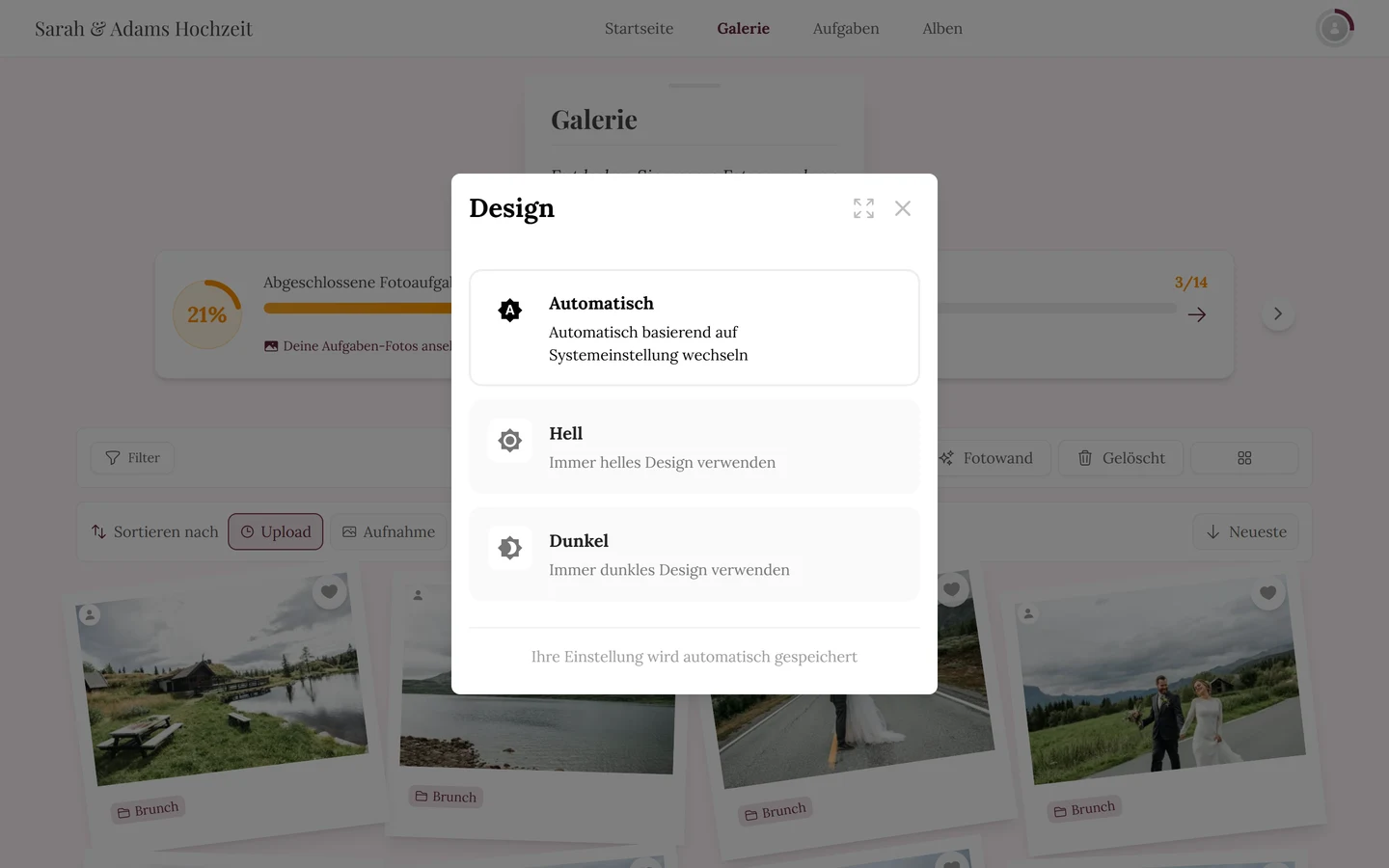Dialog Design mit den drei Möglichkeiten Automatisch, Hell und Dunkel