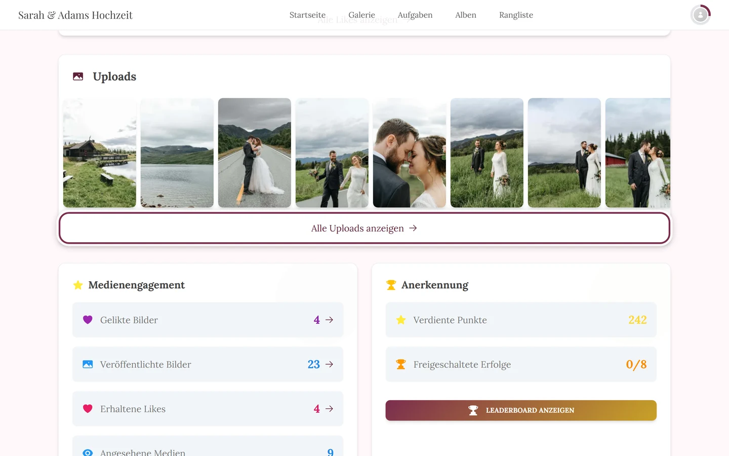 Profilseite, Abschnitt Uploads mit markiertem Link Alle Uploads anzeigen
