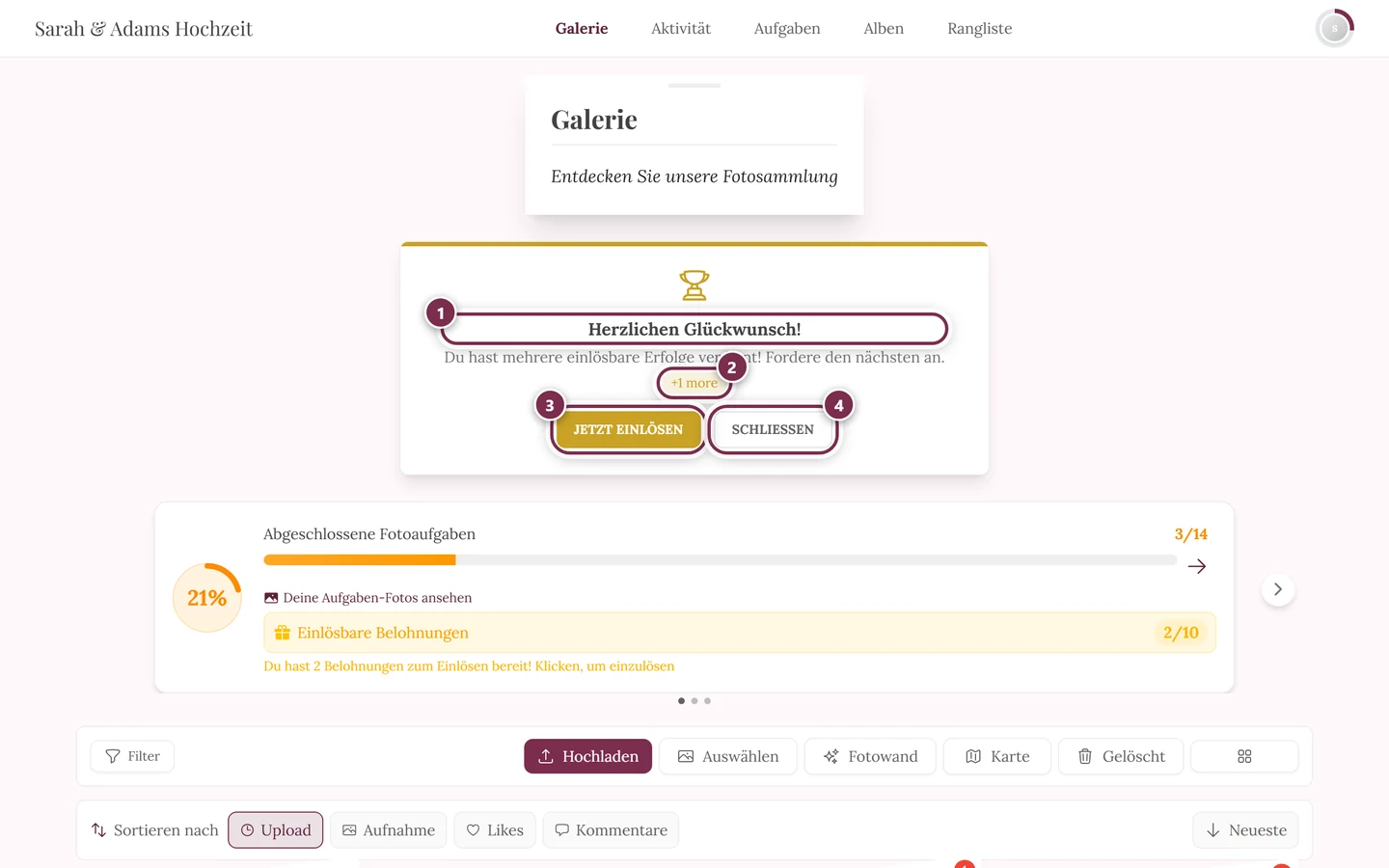 Belohnungs-Banner über der Galerie mit vier Markierungen