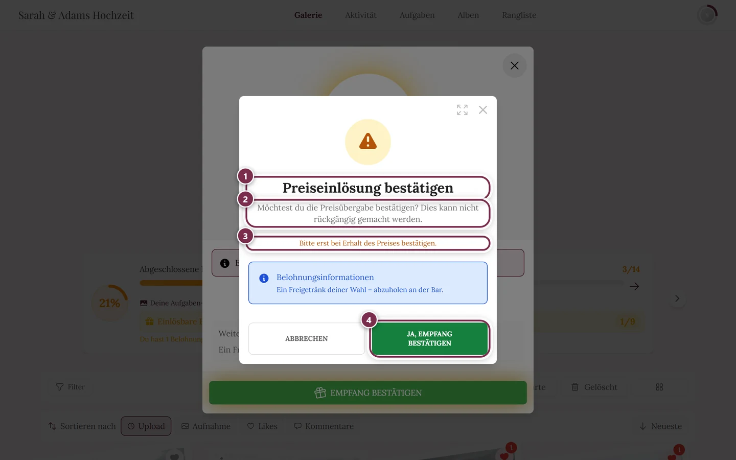 Warn-Dialog „Preiseinlösung bestätigen“ mit vier Markierungen