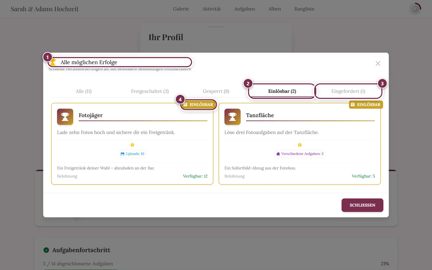 Erfolgs-Dialog mit den Reitern Alle, Freigeschaltet, Gesperrt, Einlösbar und Eingefordert