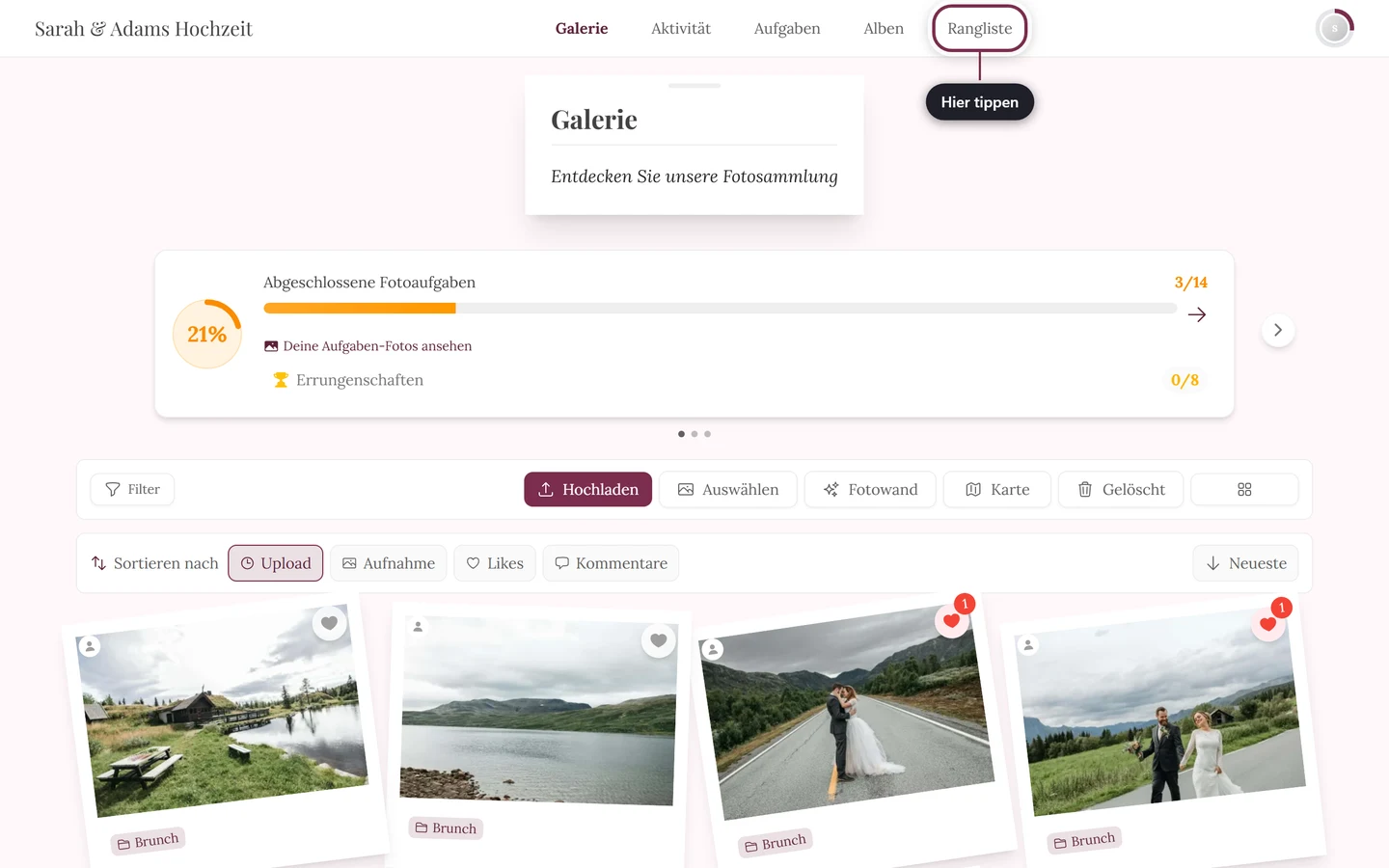 Galerie am Computer mit rot markiertem Menüpunkt Rangliste in der oberen Leiste