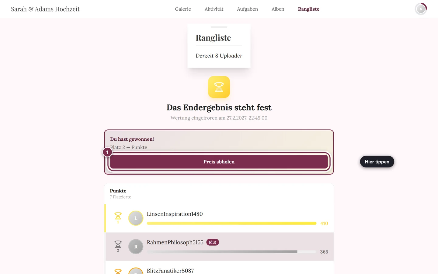Karte Du hast gewonnen mit der Platzierung und dem Knopf Preis abholen