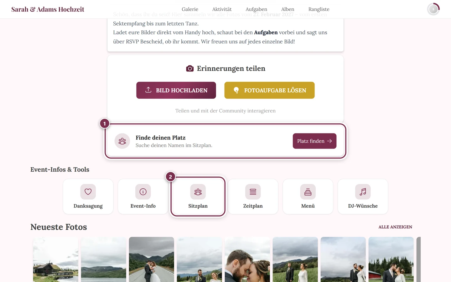 Event-Startseite mit der Karte Finde deinen Platz und der Kachel Sitzplan