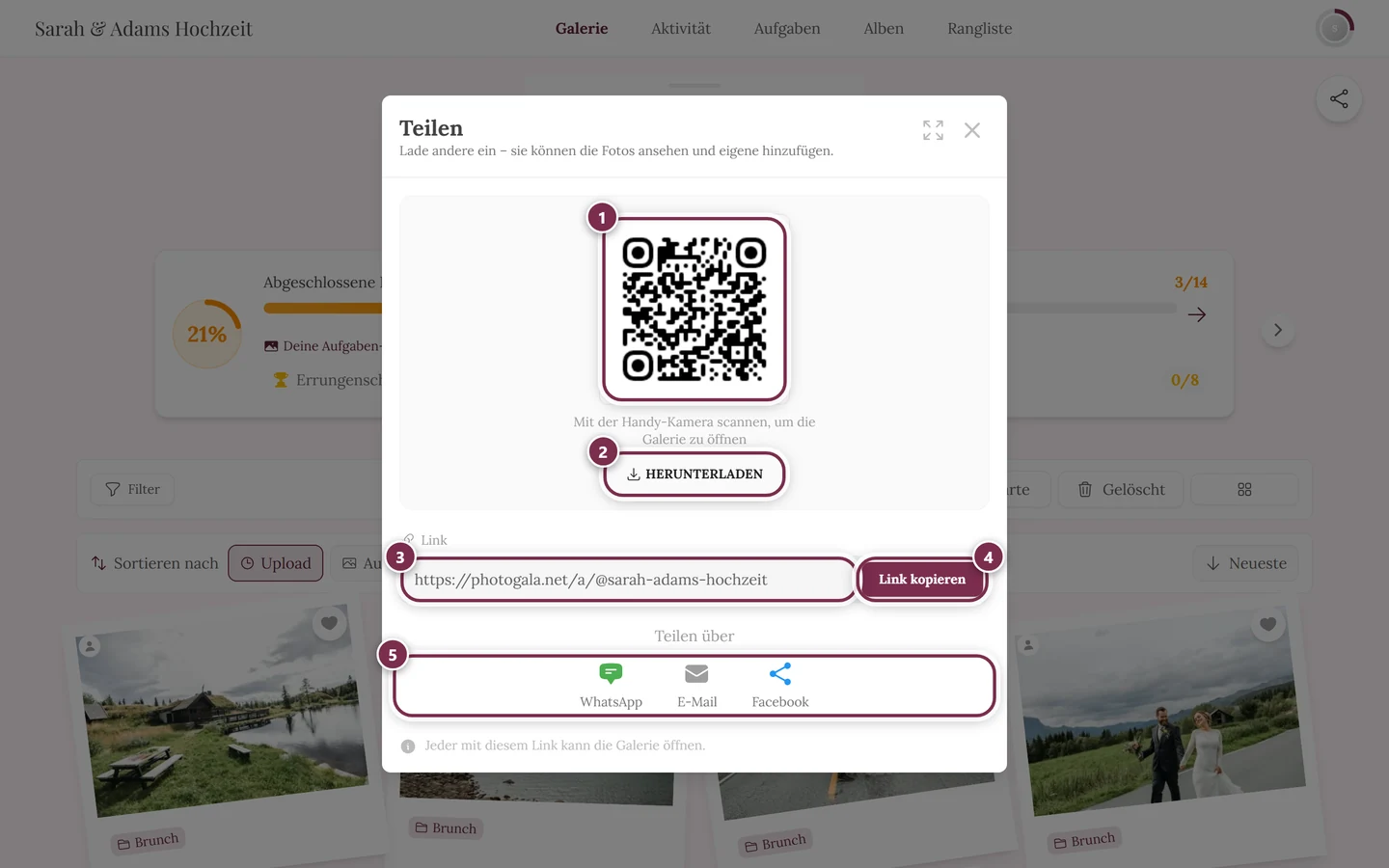Teilen-Dialog mit QR-Code, Herunterladen-Knopf, Link-Feld, Link kopieren und den Direkt-Buttons