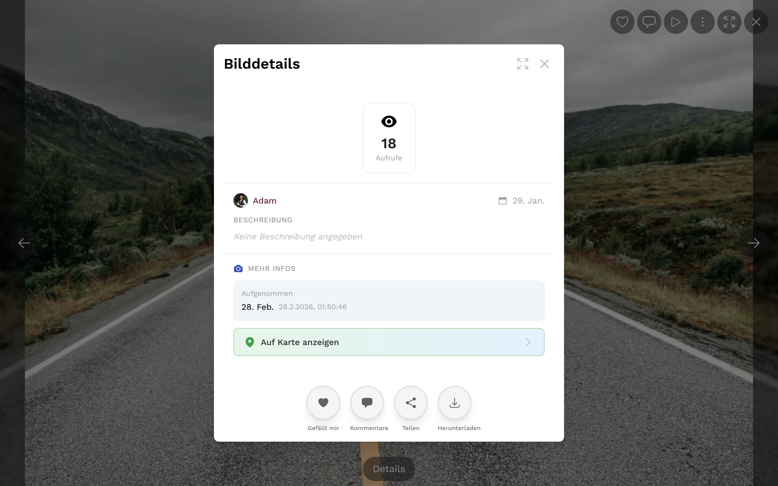 Bild-Details-Dialog mit Statistik, Uploader, Datum, Album, Personen und Aufnahme-Infos