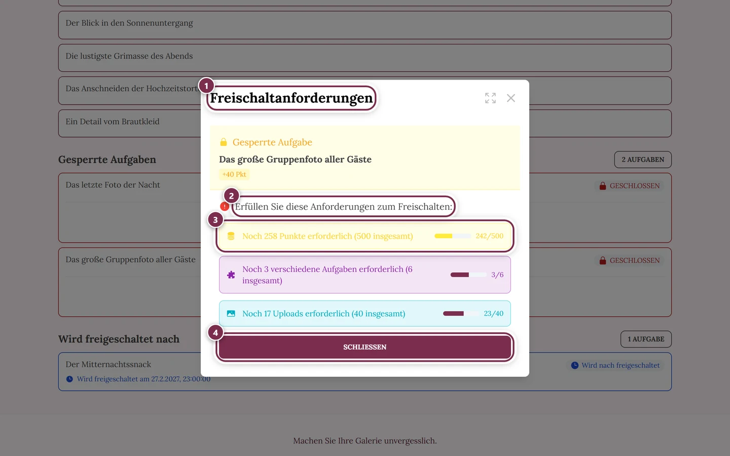 Dialog Freischaltanforderungen mit vier Markierungen: Titel, Einleitung, erste Bedingung mit Fortschrittsbalken, Schließen-Knopf