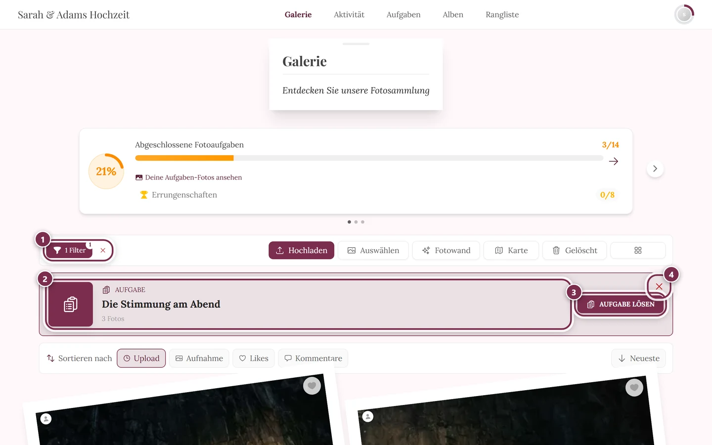 Galerie gefiltert auf eine Aufgabe mit vier Markierungen: Filter-Chip, Aufgaben-Kopf, Button Aufgabe lösen, X zum Entfernen