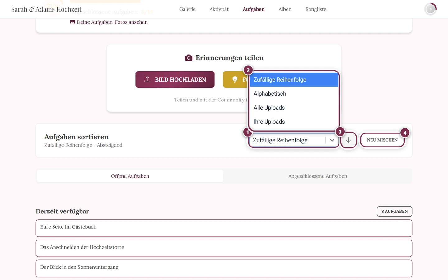 Geöffnetes Sortier-Auswahlfeld mit vier Markierungen: Auswahlfeld, Optionsliste, Richtungspfeil, Neu mischen