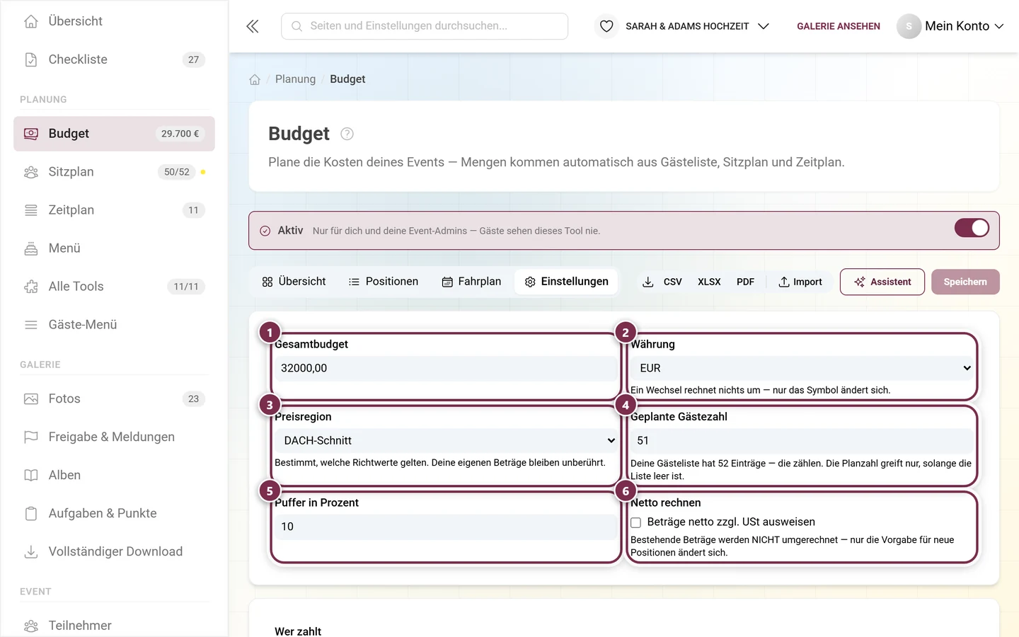 Einstellungen des Budgets mit Gesamtbudget, Währung, Preisregion, Gästezahl, Puffer und Netto-Schalter