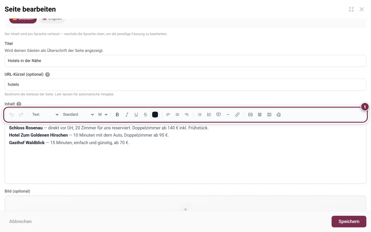 Seiten-Dialog mit markierter Werkzeugleiste des Rich-Text-Editors