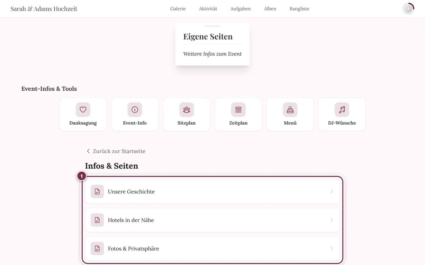 Sammelseite Infos und Seiten in der Gästesicht mit drei Einträgen