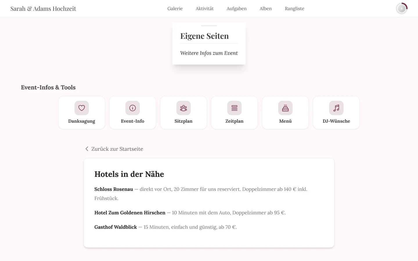 Fertige eigene Seite in der Gästesicht mit Überschrift, Bild und Text