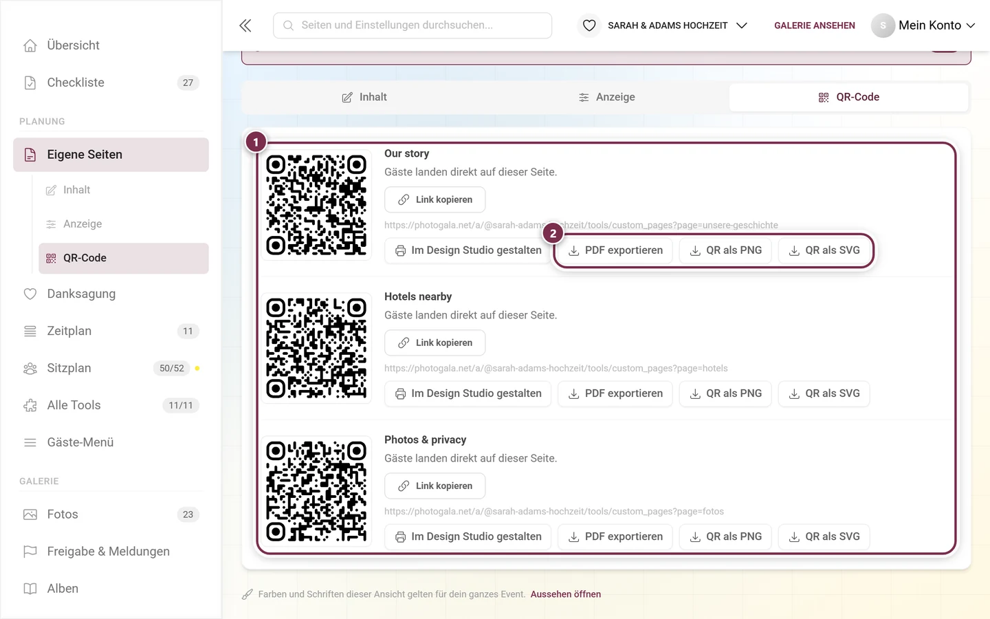 Reiter QR-Code mit je einem Block pro veröffentlichter Seite, markiert sind eine Karte und die Ausgabe-Knöpfe