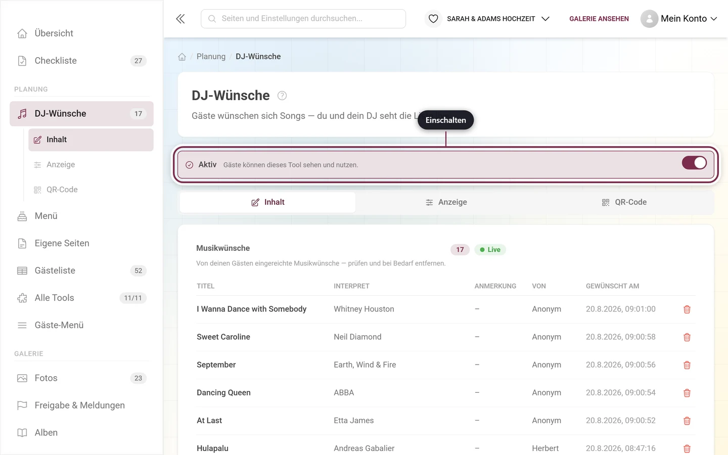 DJ-Wünsche-Editor mit hervorgehobenem Master-Schalter
