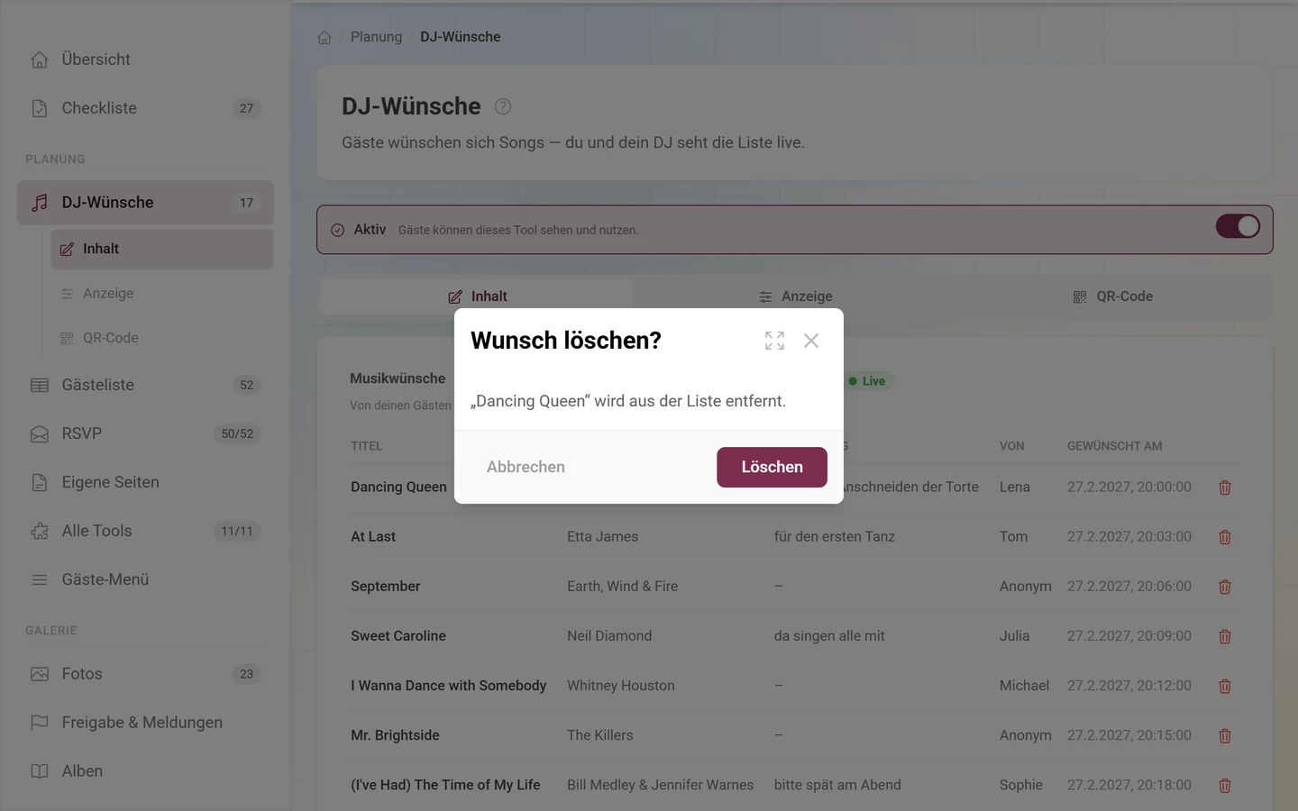 Rückfrage Wunsch löschen mit dem Titel des betroffenen Wunsches