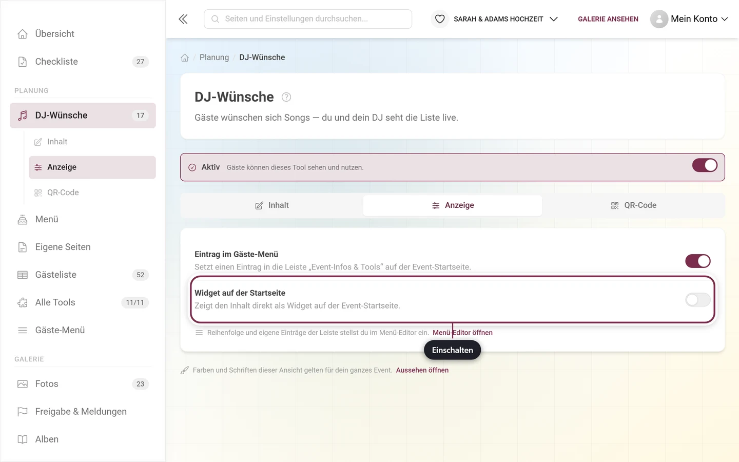 Reiter Anzeige der DJ-Wünsche mit hervorgehobenem Widget-Schalter