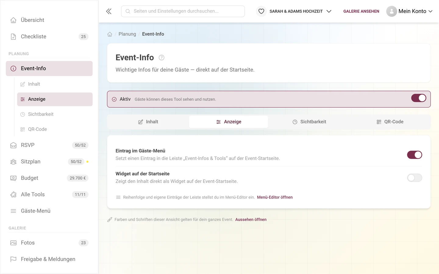 Reiter Anzeige des Event-Info-Tools mit den Schaltern für Gäste-Menü und Widget