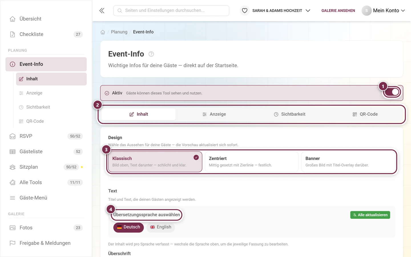 Event-Info-Editor mit markiertem Aktiv-Schalter, Reitern, Design-Auswahl und Sprachumschaltung