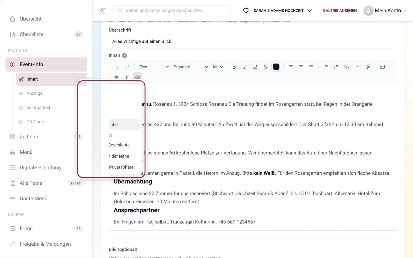 Aufgeklapptes Menü Tool einbetten mit den einbettbaren Tools