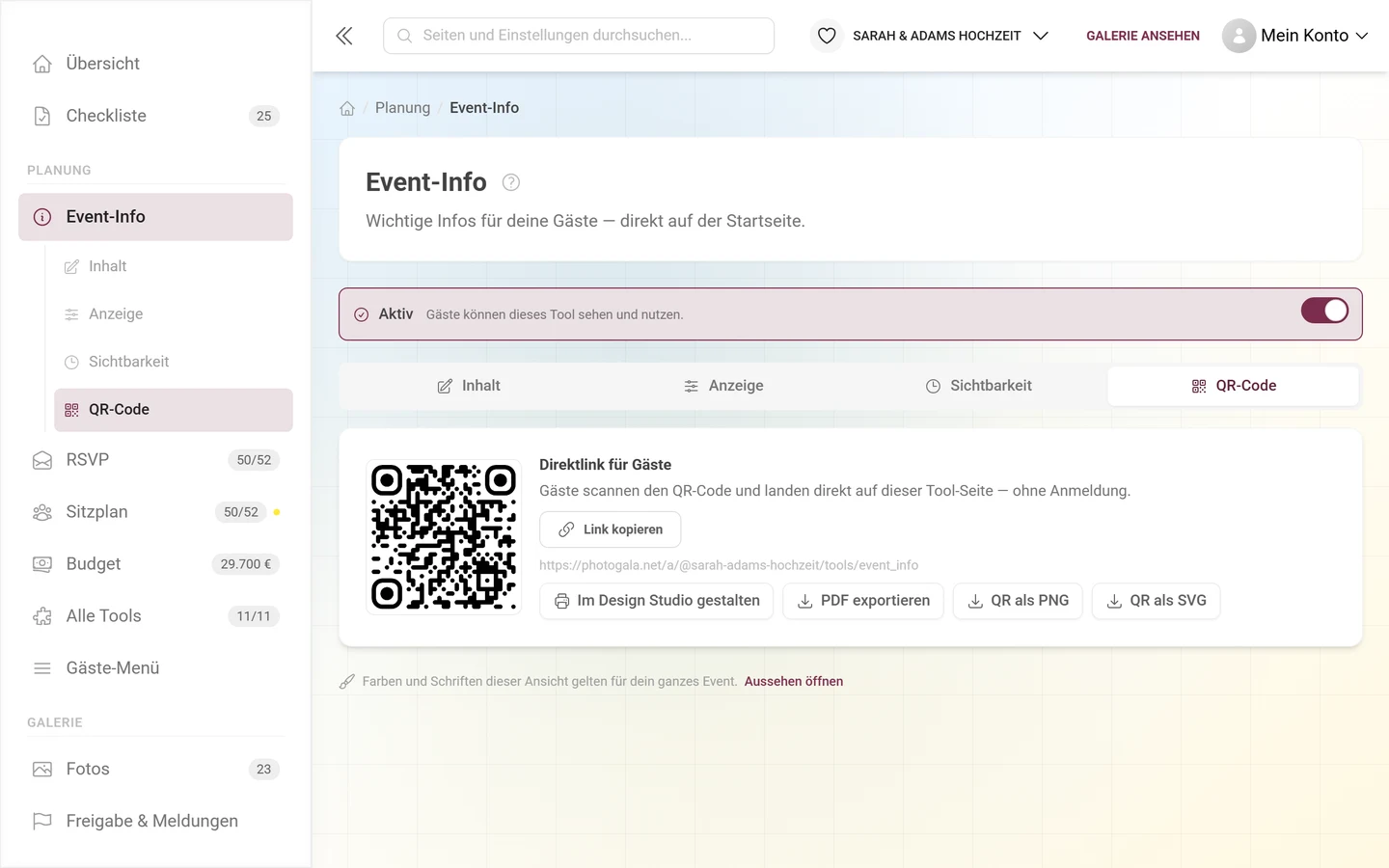 Reiter QR-Code eines Tools mit Direktlink, QR-Bild und den Export-Knöpfen
