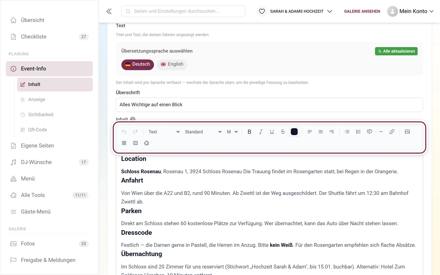 Werkzeugleiste des Rich-Text-Editors im Event-Info-Tool