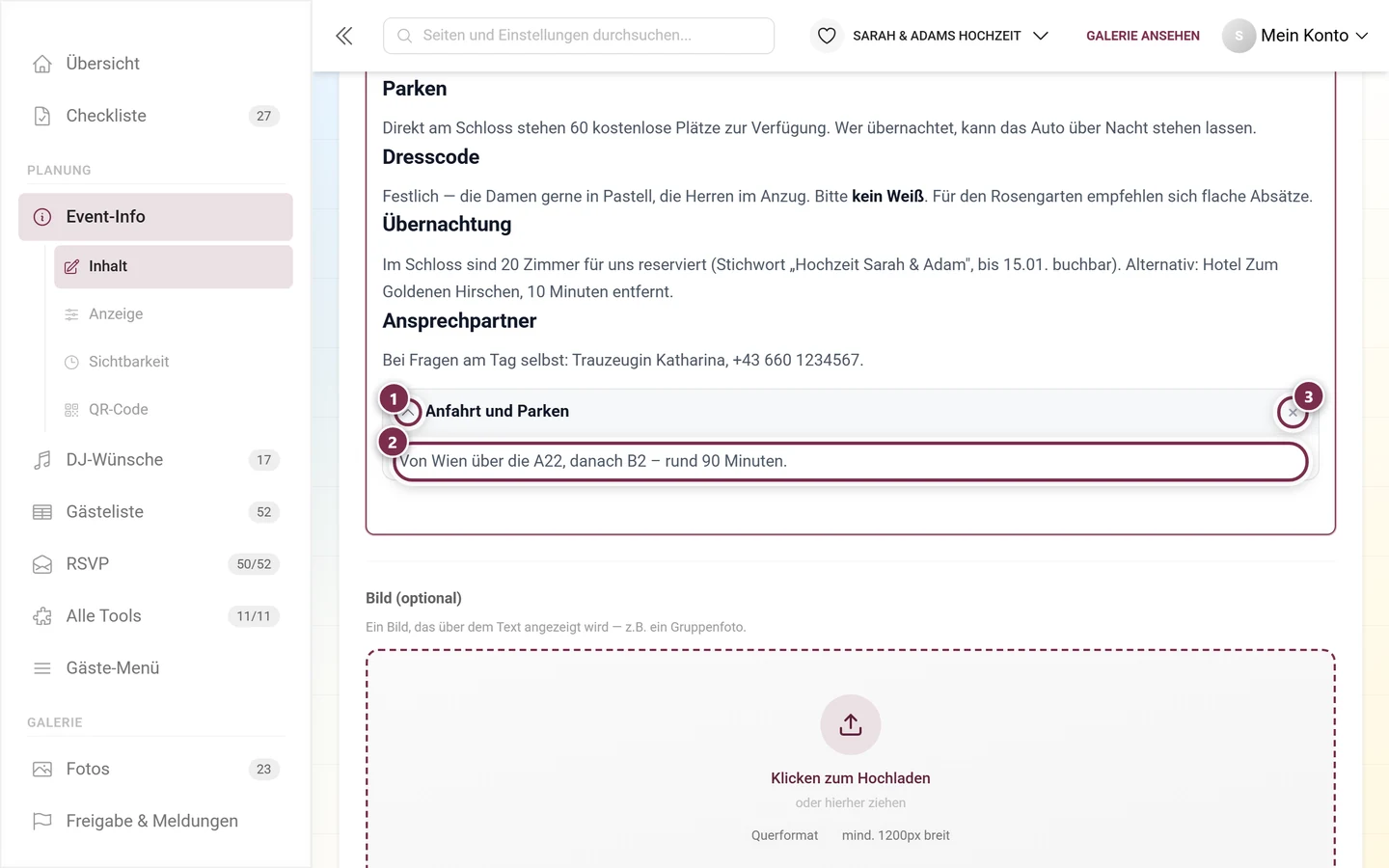 Aufklappbereich im Editor mit Titel, Inhaltsbereich und Entfernen-Knopf